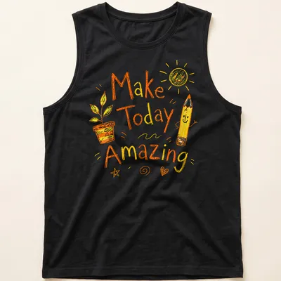 Playful doodle of a pencil and plant with text 'Make Today Amazing' in yellow and green — printed on a tank top