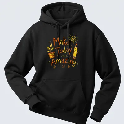 Playful doodle of a pencil and plant with text 'Make Today Amazing' in yellow and green — printed on a unisex hoodie
