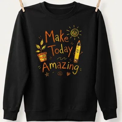 Playful doodle of a pencil and plant with text 'Make Today Amazing' in yellow and green — printed on a unisex sweatshirt