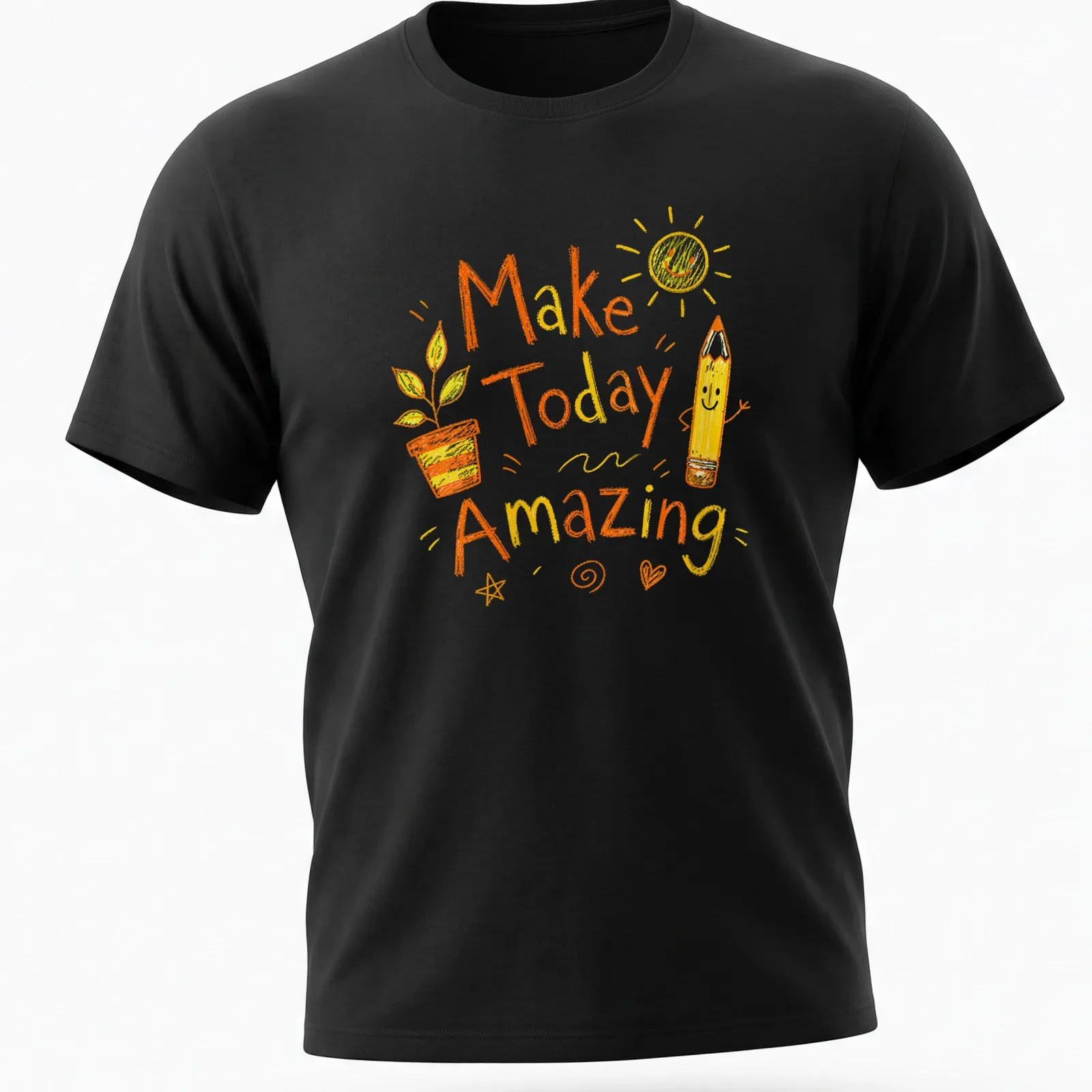 Playful doodle of a pencil and plant with text 'Make Today Amazing' in yellow and green — printed on a unisex t-shirt