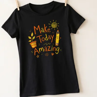 Playful doodle of a pencil and plant with text 'Make Today Amazing' in yellow and green — printed on a women's shirt