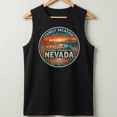 Vintage retro shirt depicting a Nevada landscape with mountains and cacti and family vacation text — printed on a tank top