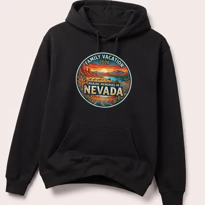 Vintage retro shirt depicting a Nevada landscape with mountains and cacti and family vacation text — printed on a unisex hoodie