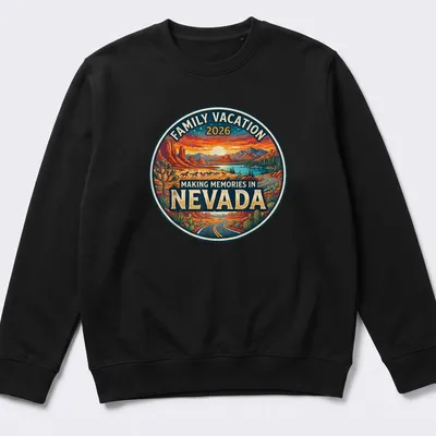 Vintage retro shirt depicting a Nevada landscape with mountains and cacti and family vacation text — printed on a unisex sweatshirt
