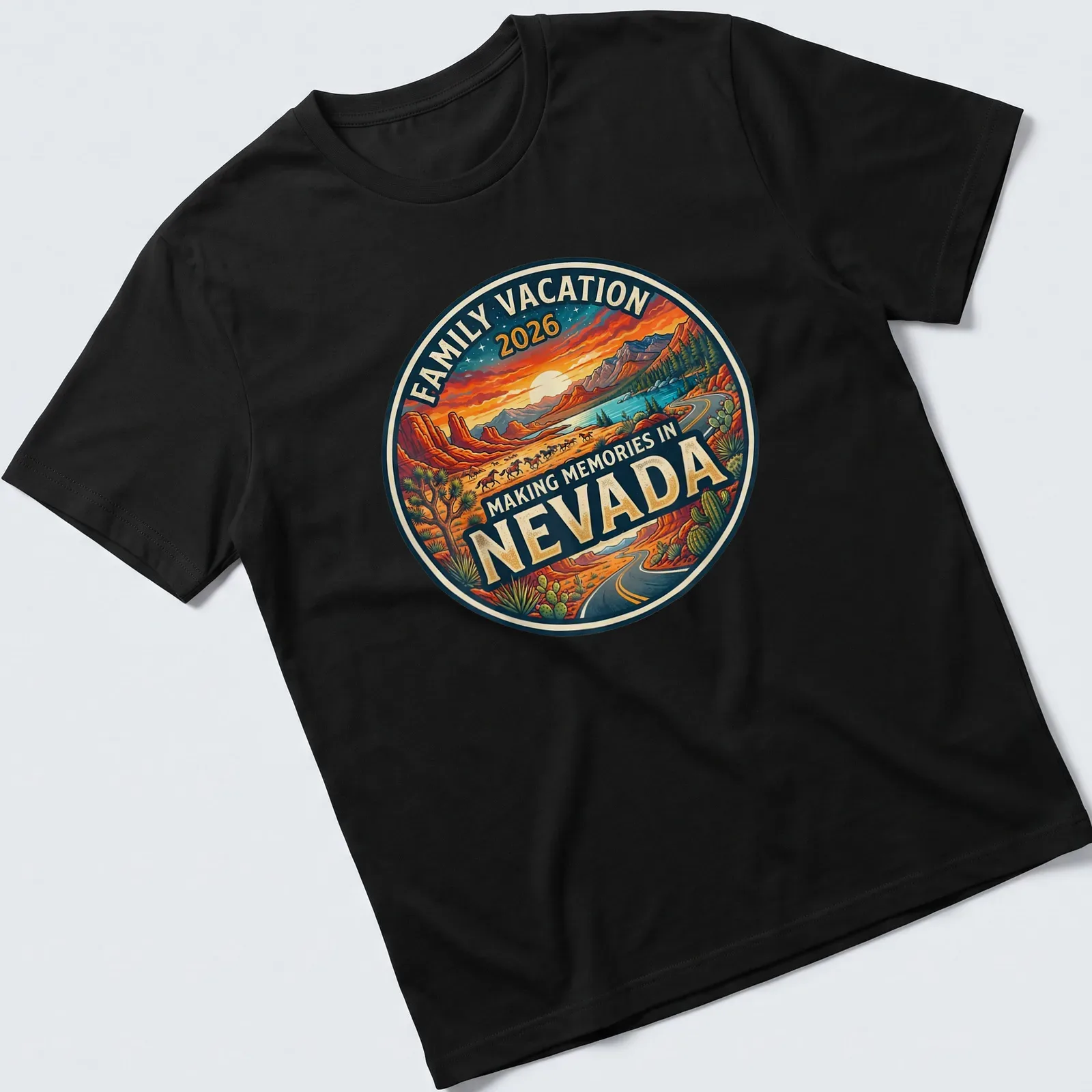 Vintage retro shirt depicting a Nevada landscape with mountains and cacti and family vacation text — printed on a unisex t-shirt