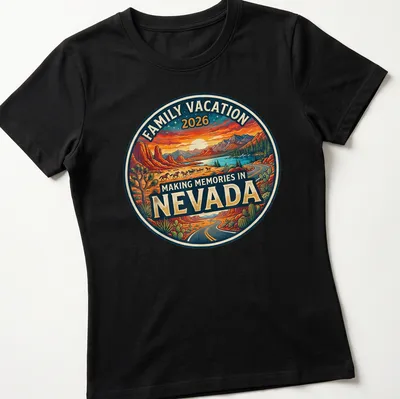 Vintage retro shirt depicting a Nevada landscape with mountains and cacti and family vacation text — printed on a women's shirt
