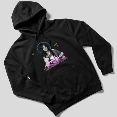 Illustration of Mariah AngelIQ in modern aesthetic design with colorful text. — printed on a unisex hoodie