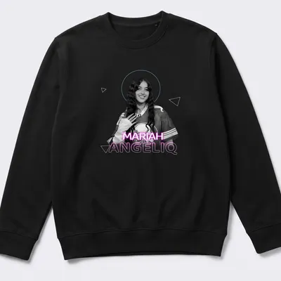 Illustration of Mariah AngelIQ in modern aesthetic design with colorful text. — printed on a unisex sweatshirt