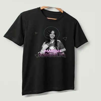 Illustration of Mariah AngelIQ in modern aesthetic design with colorful text. — printed on a unisex t-shirt (angled view)
