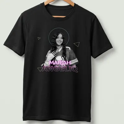 Illustration of Mariah AngelIQ in modern aesthetic design with colorful text. — printed on a unisex t-shirt