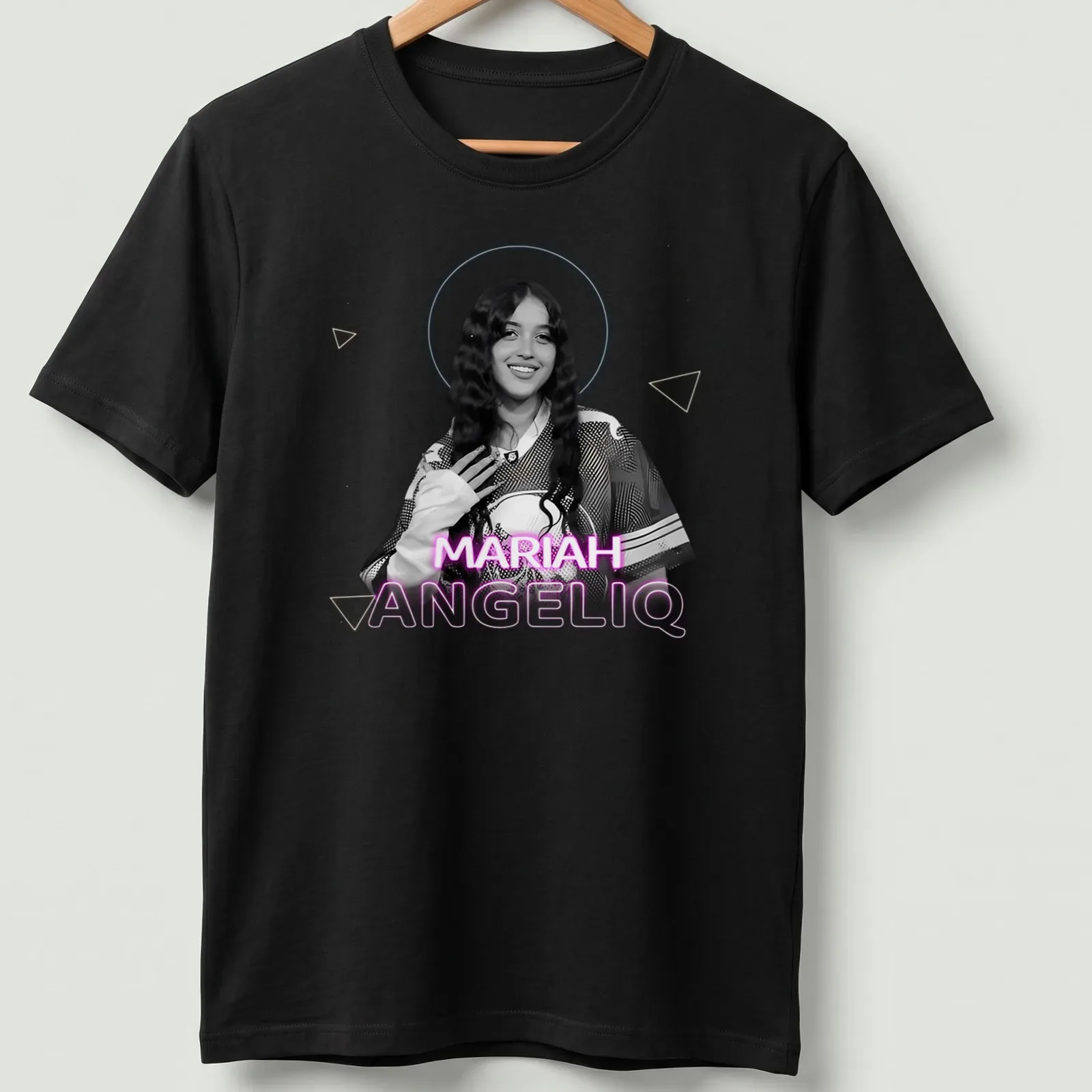 Illustration of Mariah AngelIQ in modern aesthetic design with colorful text. — printed on a unisex t-shirt