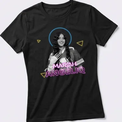 Illustration of Mariah AngelIQ in modern aesthetic design with colorful text. — printed on a women's shirt