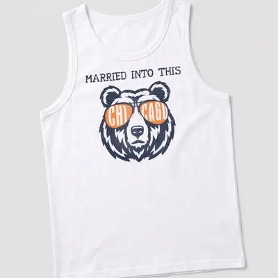 Vintage distressed tee featuring a bear in sunglasses and the phrase Married Into This Chicago — printed on a tank top