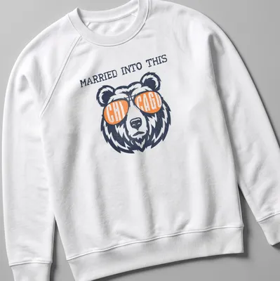 Vintage distressed tee featuring a bear in sunglasses and the phrase Married Into This Chicago — printed on a unisex sweatshirt