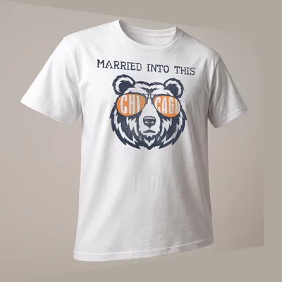 Vintage distressed tee featuring a bear in sunglasses and the phrase Married Into This Chicago — printed on a unisex t-shirt (angled view)