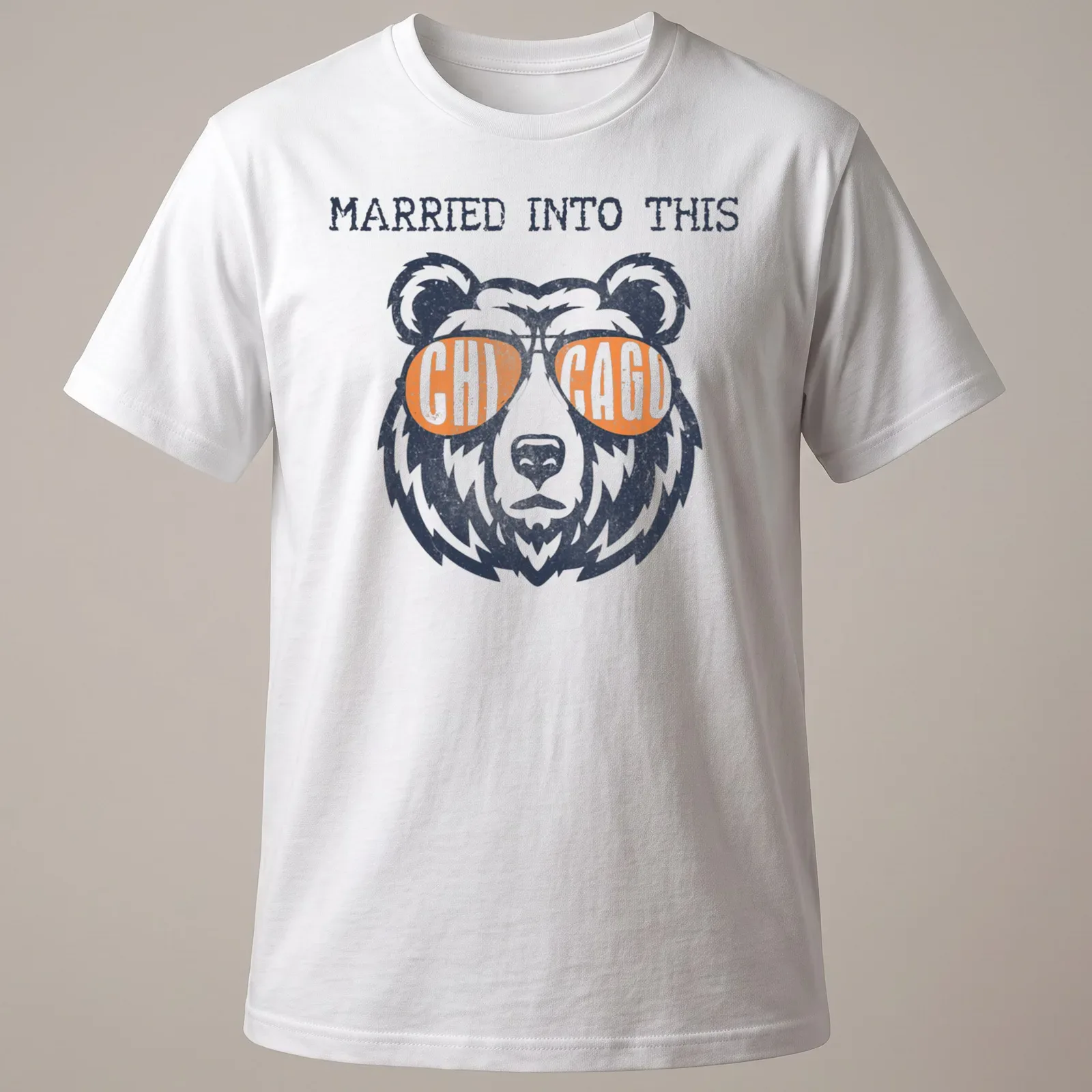 Vintage distressed tee featuring a bear in sunglasses and the phrase Married Into This Chicago — printed on a unisex t-shirt