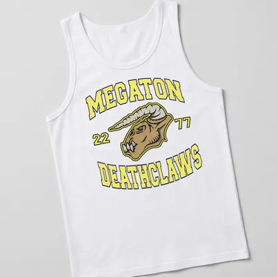 Bold graphic t-shirt featuring Deathclaw and the text MEGATON 22 77 — printed on a tank top