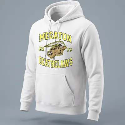 Bold graphic t-shirt featuring Deathclaw and the text MEGATON 22 77 — printed on a unisex hoodie