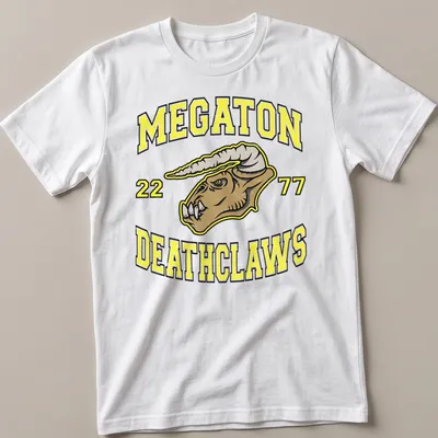 Bold graphic t-shirt featuring Deathclaw and the text MEGATON 22 77 — printed on a unisex t-shirt