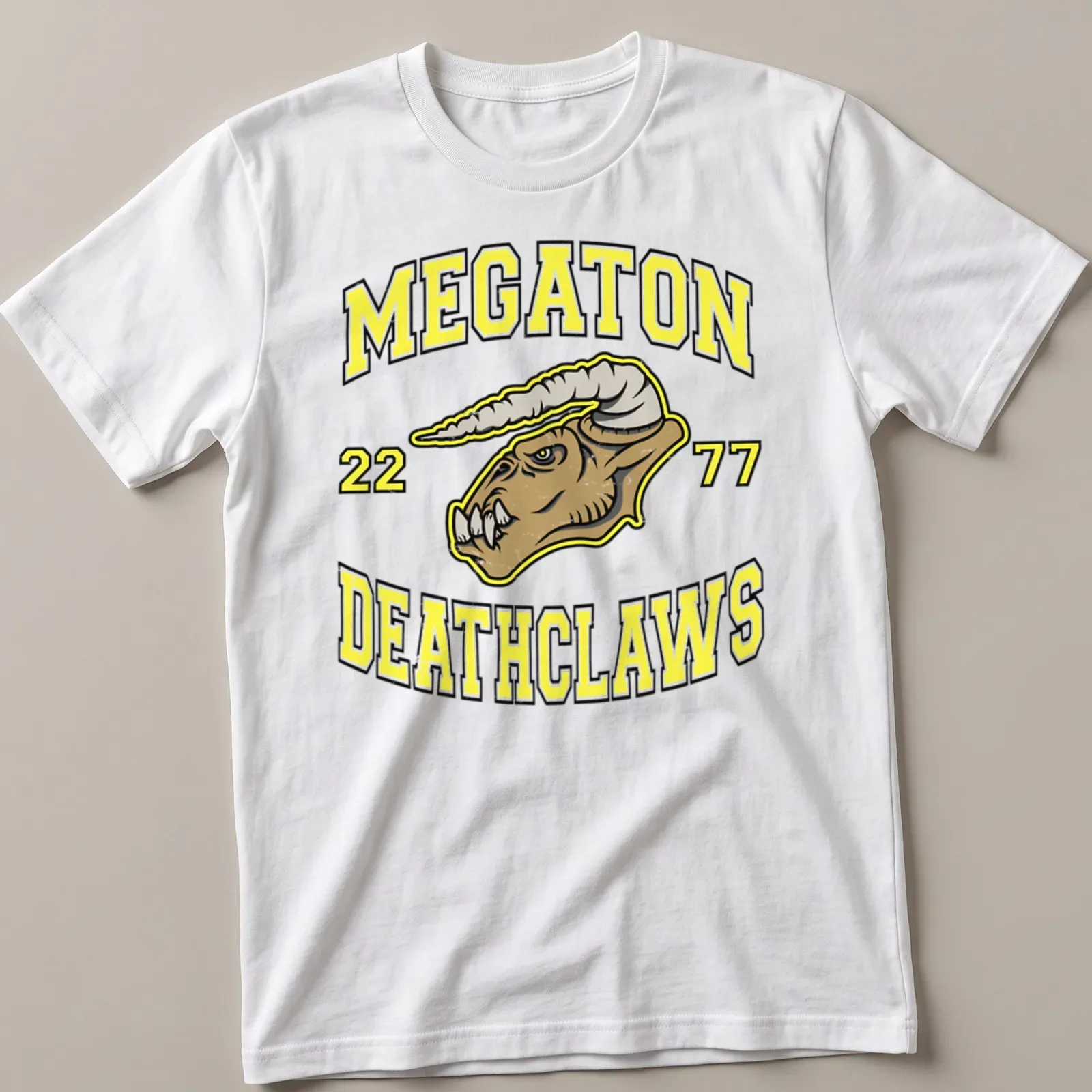 Bold graphic t-shirt featuring Deathclaw and the text MEGATON 22 77 — printed on a unisex t-shirt