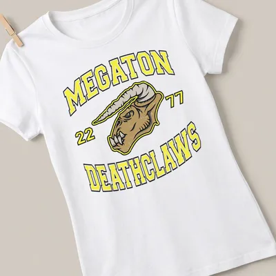 Bold graphic t-shirt featuring Deathclaw and the text MEGATON 22 77 — printed on a women's shirt