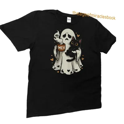 Cute illustration of a ghost with a cat and coffee mug in soft colors — printed on a unisex t-shirt (angled view)