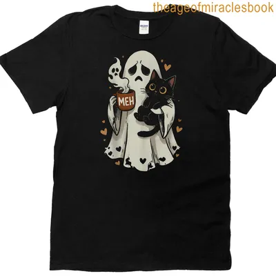 Cute illustration of a ghost with a cat and coffee mug in soft colors