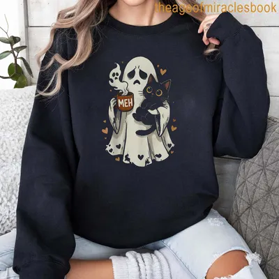 Cute illustration of a ghost with a cat and coffee mug in soft colors — printed on a sweatshirt