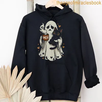 Cute illustration of a ghost with a cat and coffee mug in soft colors — printed on a unisex hoodie
