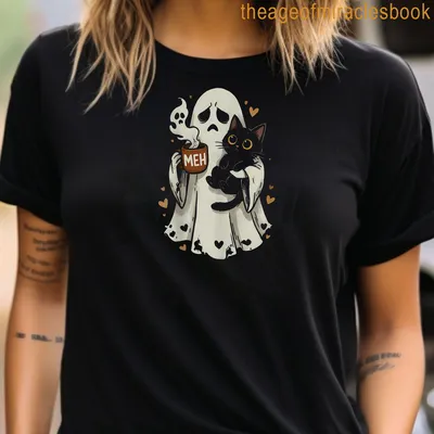 Cute illustration of a ghost with a cat and coffee mug in soft colors — printed on a women's t-shirt