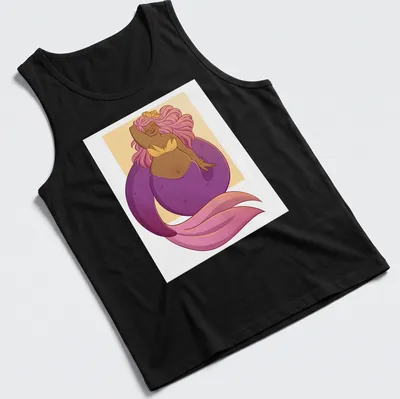Kawaii design of a purple mermaid hugging herself with whimsical colors — printed on a tank top