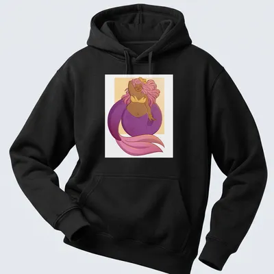 Kawaii design of a purple mermaid hugging herself with whimsical colors — printed on a unisex hoodie