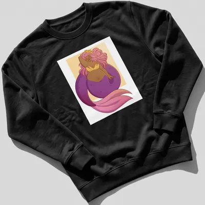 Kawaii design of a purple mermaid hugging herself with whimsical colors — printed on a unisex sweatshirt