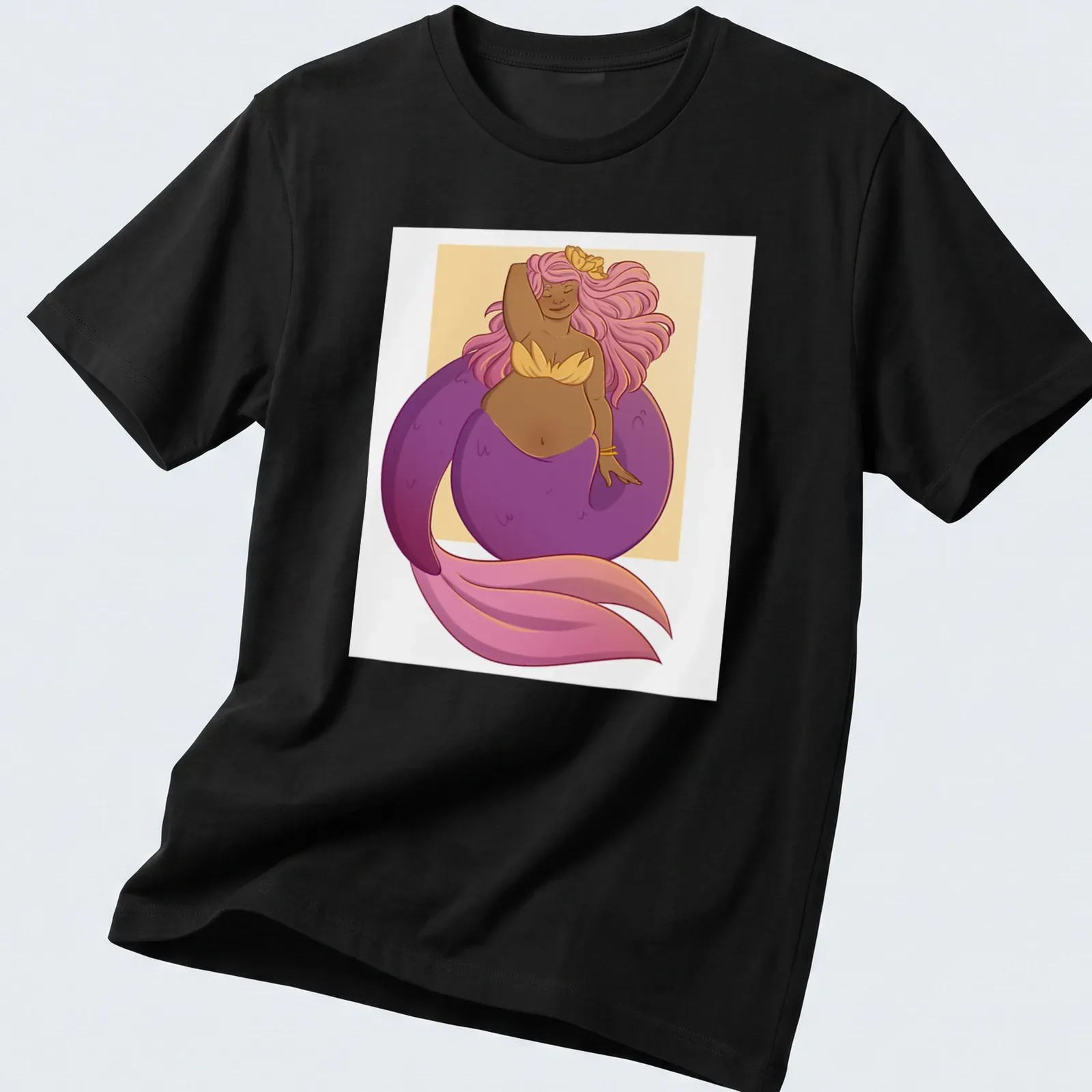 Kawaii design of a purple mermaid hugging herself with whimsical colors — printed on a unisex t-shirt