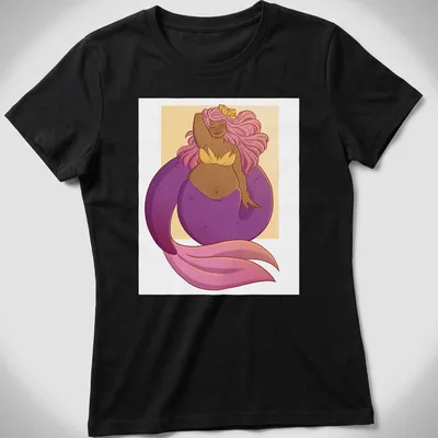 Kawaii design of a purple mermaid hugging herself with whimsical colors — printed on a women's shirt