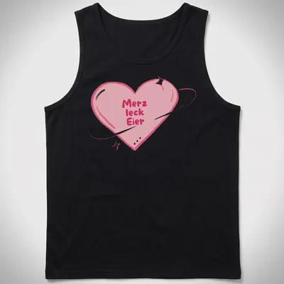Kawaii style shirt with a heart and playful text 'Merz leck Eier' in pink and purple — printed on a tank top