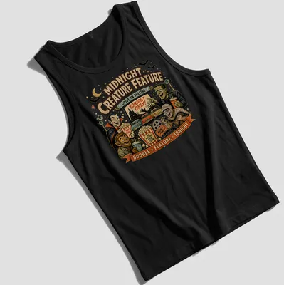Retro vintage t-shirt featuring classic monsters and drive-in theatre text in vibrant colors — printed on a tank top