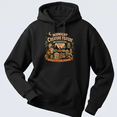 Retro vintage t-shirt featuring classic monsters and drive-in theatre text in vibrant colors — printed on a unisex hoodie