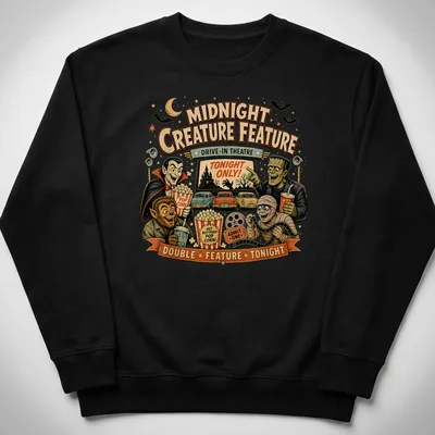 Retro vintage t-shirt featuring classic monsters and drive-in theatre text in vibrant colors — printed on a unisex sweatshirt