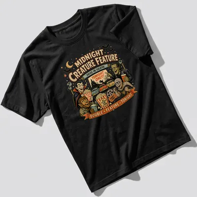 Retro vintage t-shirt featuring classic monsters and drive-in theatre text in vibrant colors
