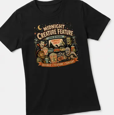 Retro vintage t-shirt featuring classic monsters and drive-in theatre text in vibrant colors — printed on a women's shirt