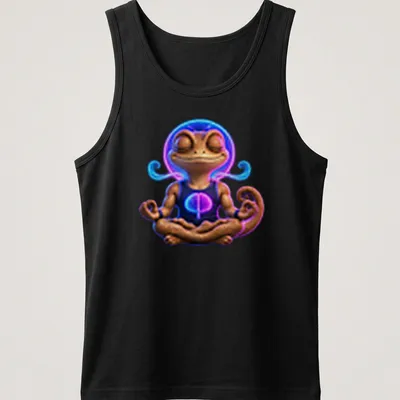 Vibrant digital art of a meditating gecko with the text Mind Over Lizard — printed on a tank top