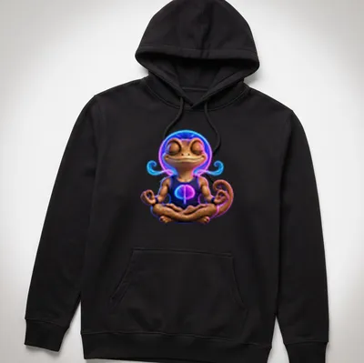 Vibrant digital art of a meditating gecko with the text Mind Over Lizard — printed on a unisex hoodie