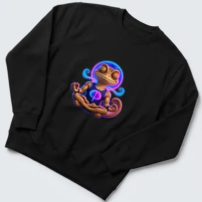 Vibrant digital art of a meditating gecko with the text Mind Over Lizard — printed on a unisex sweatshirt