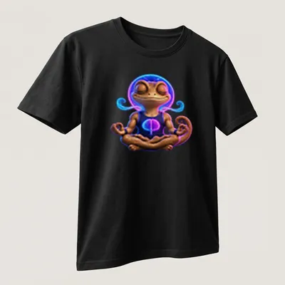 Vibrant digital art of a meditating gecko with the text Mind Over Lizard — printed on a unisex t-shirt (angled view)
