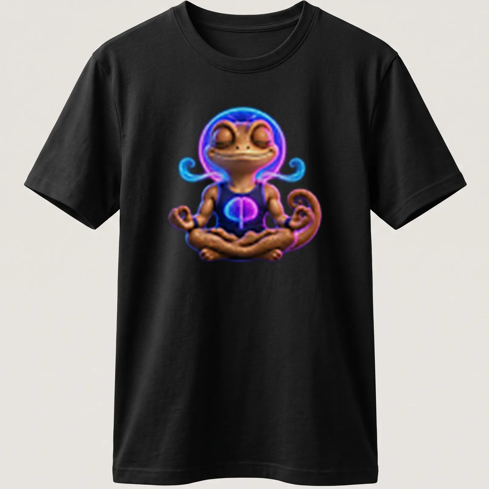 Vibrant digital art of a meditating gecko with the text Mind Over Lizard — printed on a unisex t-shirt