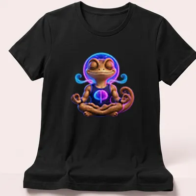 Vibrant digital art of a meditating gecko with the text Mind Over Lizard — printed on a women's shirt