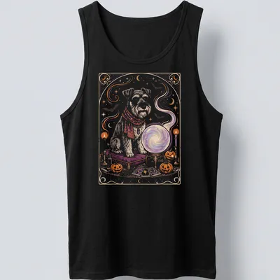 Whimsical illustration of a Mini Schnauzer with a crystal ball in Halloween colors — printed on a tank top