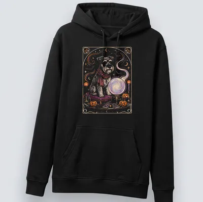 Whimsical illustration of a Mini Schnauzer with a crystal ball in Halloween colors — printed on a unisex hoodie