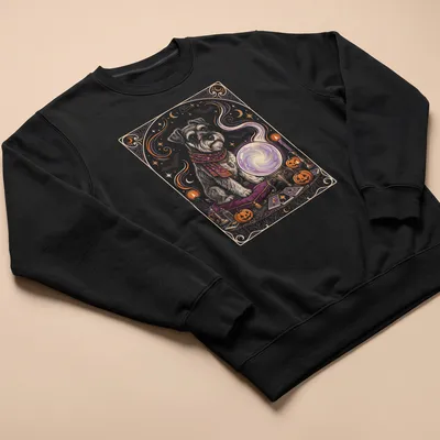 Whimsical illustration of a Mini Schnauzer with a crystal ball in Halloween colors — printed on a unisex sweatshirt